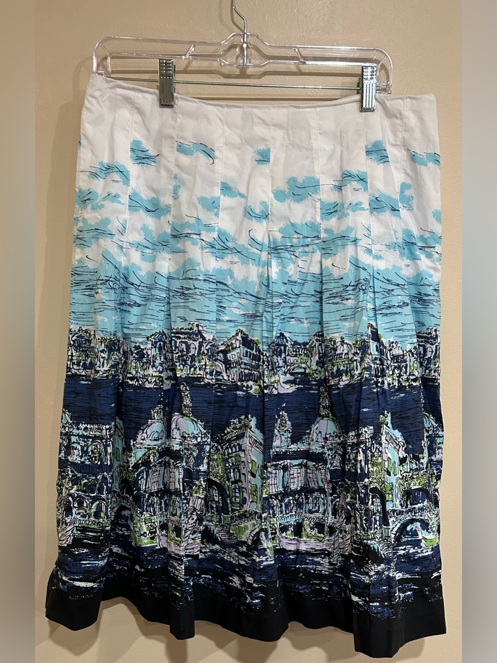 Talbots Full Skirt Sz 10 Blue Venice Italy City Scene Gondola Pleat Preppy Vaca
